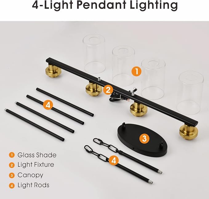 Island Lights for Kitchen, 4-Light Farmhouse Dining Room Light Fixtures Over Table, Matte Black and Gold Linear Chandeliers for Dining Room，Industrial Pendant Lighting with Clear Glass Shade - Image 7
