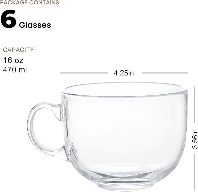 Maredash 16oz Glass Jumbo Mugs With Handle 6pcs | For Coffee, Tea, Soup,Clear Drinking Cup - Image 3