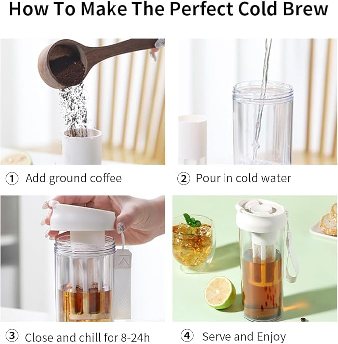 watchget Cold Brew Coffee Maker Travel Tumbler with Soft Silicone Handle Portable Iced Coffee & Tea Infuser with Airtight Lid Cold Brew Travel Cup 12oz/360ml black