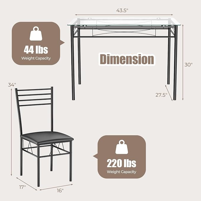 Giantex 5 Piece Dining Table Set, Kitchen Dining Set with Tempered Glass Table Top and 4 Upholstered Chairs, Dinette Set for 4 for Breakfast Nook Dining Room Kitchen (Black) - Image 7