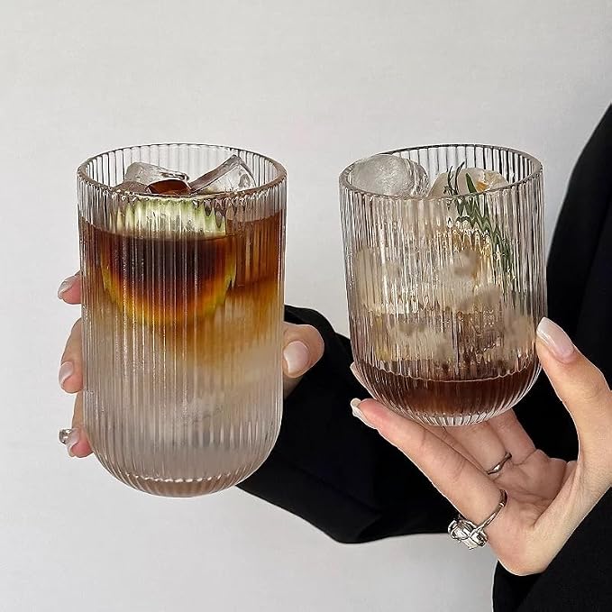 Set of 8 Ribbed Glassware,4 Highball Glasses 14oz & 4 Rocks Drinking Glasses 9oz, Clear, Origami Style, Fluted Design, for Milk, Water, Cocktail, Juice, Beer, ToothBrush Cup, Gift - Image 6