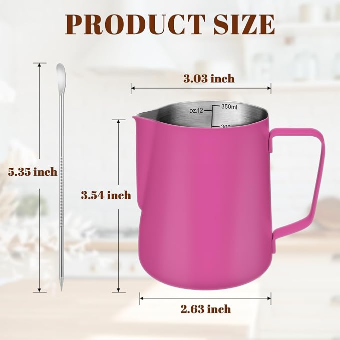 Amrules Milk Frothing Pitcher, 12 oz Milk Frother Cup with Clear Scale, 304 Stainless Steel Cappuccino Espresso Machine Accessories for Barista Coffee Bar with Latte Art Pen, Rose Red - Image 2