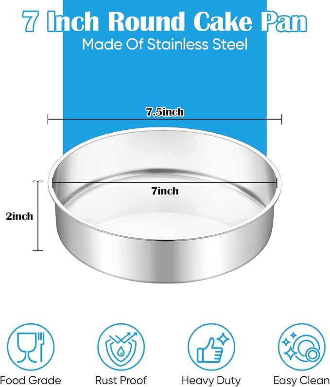 TeamFar 7 Inch Cake Pan, Stainless Steel Round Layer Cake Baking Pan | Baking Tin for Birthday Wedding, Non-Toxic & Heavy-Duty, Mirror Finish & Leak Proof, Oven & Dishwasher Safe - Image 2
