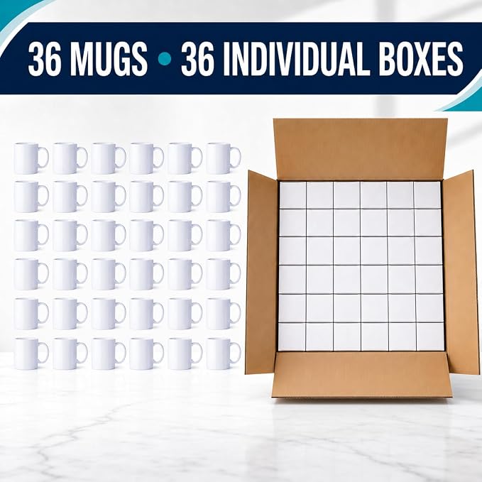 36 Pack Sublimation Mugs 11oz White Blank Ceramic Coffee Mugs with Individual White Boxes, AAA Grade with Premium Coating for Heat Press DIY, Dishwasher Microwave Safe - Image 2
