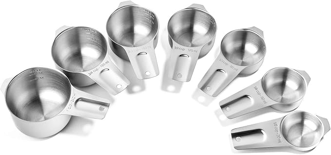 Last Confection 7pc Stainless Steel Measuring Cup Set - Includes 1/8 Cup Coffee Scoop - Measurements for Dry and Liquid Cooking & Baking Ingredients