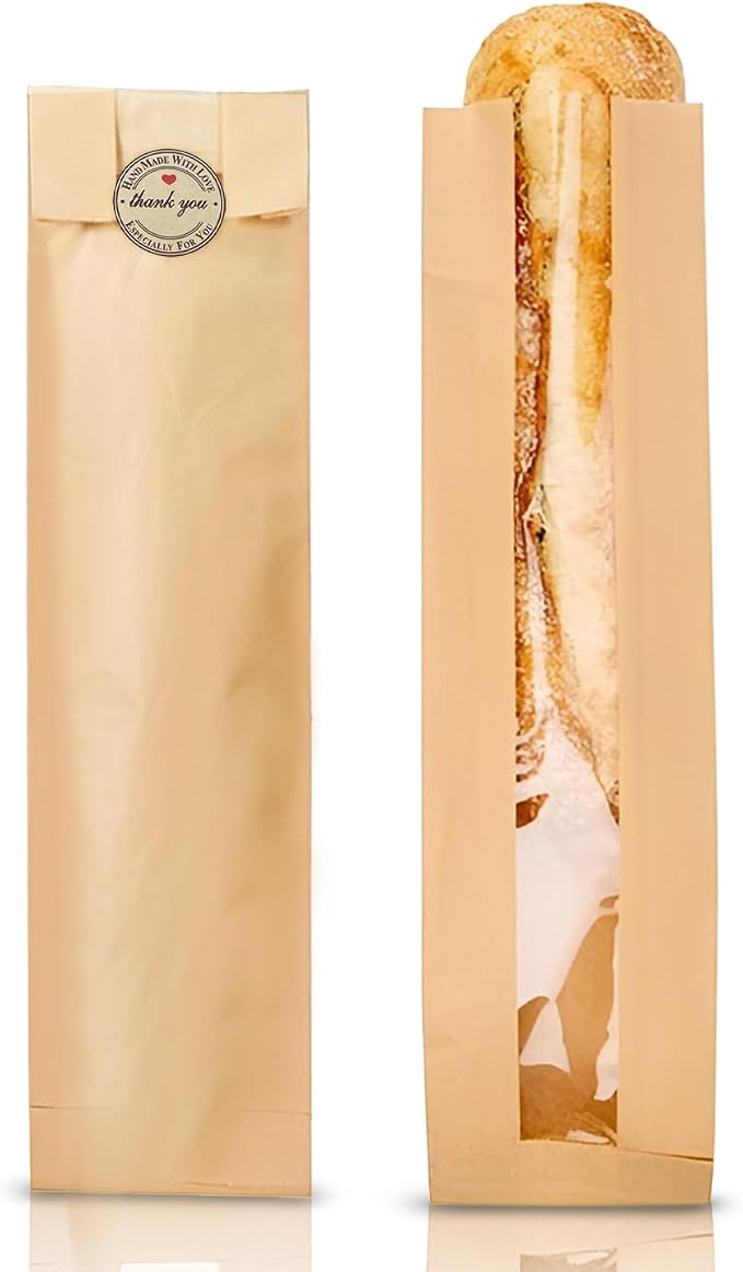 O’Creme 50 Pack Baguette Brown Paper Bag w/Clear Front Window, Bakery Storage Bags for Homemade and Long French Bread (23”x4”) Includes 50pcs Seal Stickers - Image 2