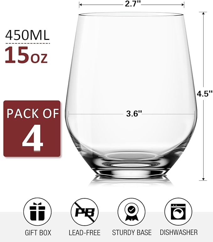 OJA Wine Glasses Set, Crystal Stemless Red Wine Glass, Set of 4, 15 oz | No Stem, Clear, Sturdy Drinking Glass for White Wine, Daily Use, Birthday, Wedding, Home Party, Anniversary, Shower Gift - Image 6