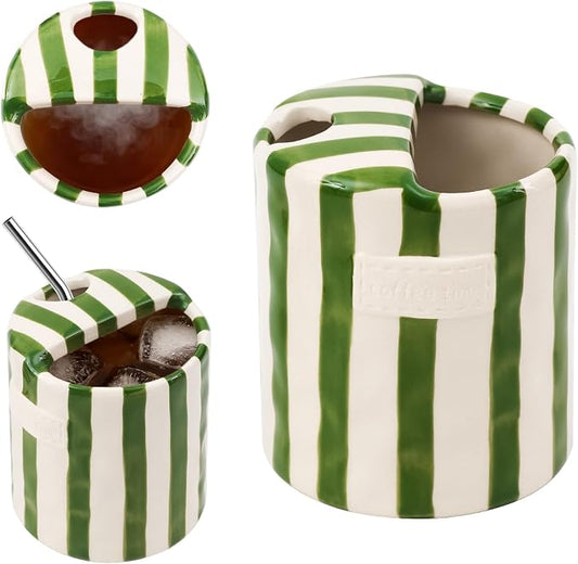 Ceramic Coffee Mug with Sip Hole 10oz Cute Espresso Cup | Unique Hand-Drawn Green and White Striped Design, Microwave and Dishwasher Safe, for Kitchen Dining, Office, Holiday Gift by Unknown