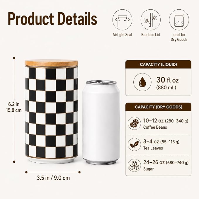 Kitchen Countertop Ceramic Checkered Canisters,Black And White Food Storage Containers With Lid,Airtight Kitchen Canisters for Flour, Sugar, Coffee, Tea, and Dry Goods (Black, Large) - Image 2