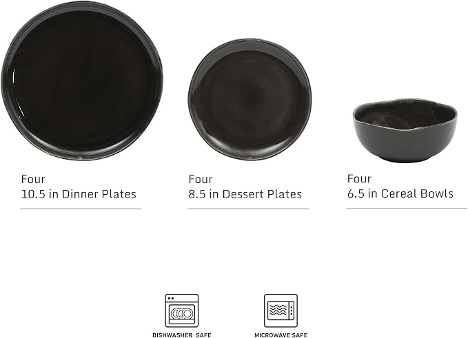 Gibson Elite Nardini 12 Piece (Service for 4) Plates and Bowls Reactive Glaze Dishes Stoneware Ceramic Dinnerware Set - Black - Image 2