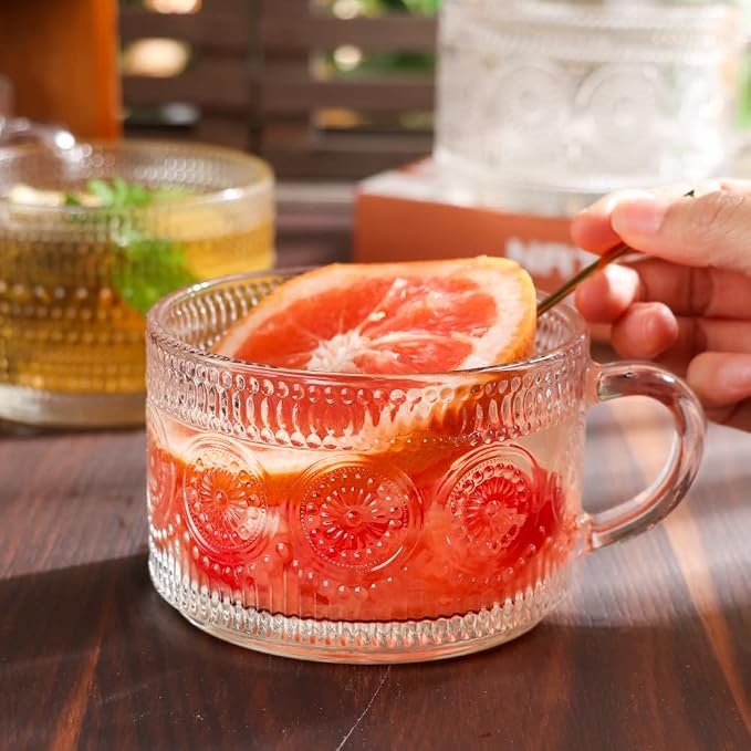Vintage Glass Coffee Mugs Set of 4,14 OZ Embossed Glass Coffee Cups Coffee Mugs for Cereal, Yogurt, Latte, Clear Breakfast Cups with Handle for Housewarming Gifts (2*Flower+2*Beads) - Image 6