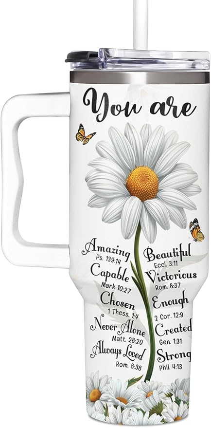 Christian Daisy Gifts for Women - Inspirational Faith Tumbler With Handle & Straw - 40Oz, Daisy Theme - Birthday, Mothers Day, Christmas