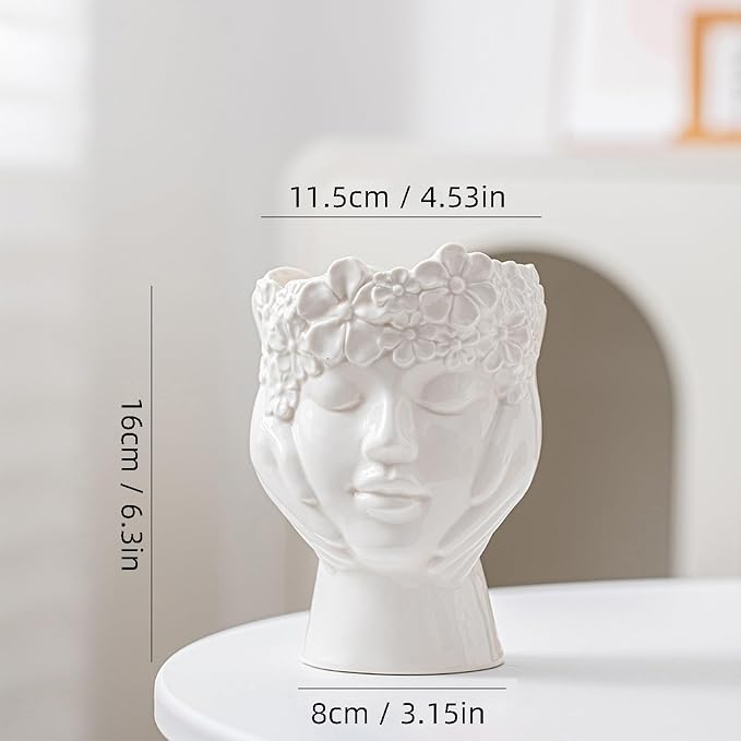 White Glossy Ceramic Face Vase, 6.3" Goddess Head Sculpture Vase with 3D Floral Crown, Modern Boho Decorative Flower Vase for, Cute Home Decor Accent for Bedroom Vanity Desk Shelf - Image 3
