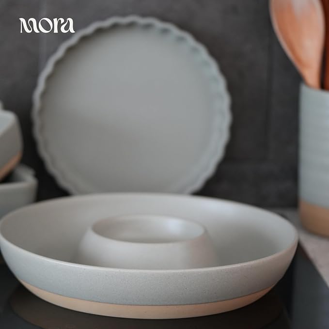 Mora Ceramic Chips and Dip Serving Tray: Large Divided Party Bowl Set for Chips & Salsa, Veggies & Dip, Fruit, Snacks, Entertaining, Hosting, etc. Minimalist Design for the Modern Hostess - Peppercorn - Image 6