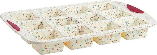 Trudeau Brownie Pan – White Confetti/Fuchsia, 12 Cavity Nonstick Bakeware for Brownies, Mini Cakes, Muffins, Dessert Bars, Easy Release, Dishwasher Safe