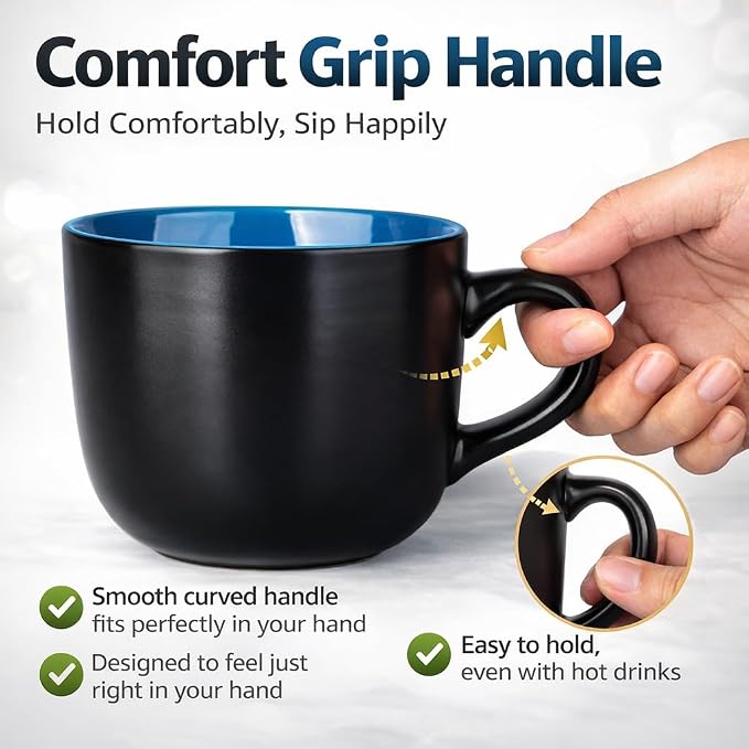 GBhome Jumbo Soup Mugs with Handles, 24 Oz Large Coffee Mugs Set of 4 | Ceramic Soup bowls for Soup Cereal Snacks Salad Noodles Cups, Microwave safe - Matte Black, Blue Inside - Image 6