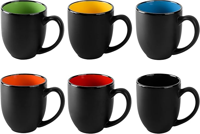 BYCNZB 16oz ceramic Coffee Mug Sets with Large Handles Matte Black Porcelain Mug Multiple colors Cups for Coffee, Tea, Juice, Cocoa Set of 6 (16oz) by BYCNZB