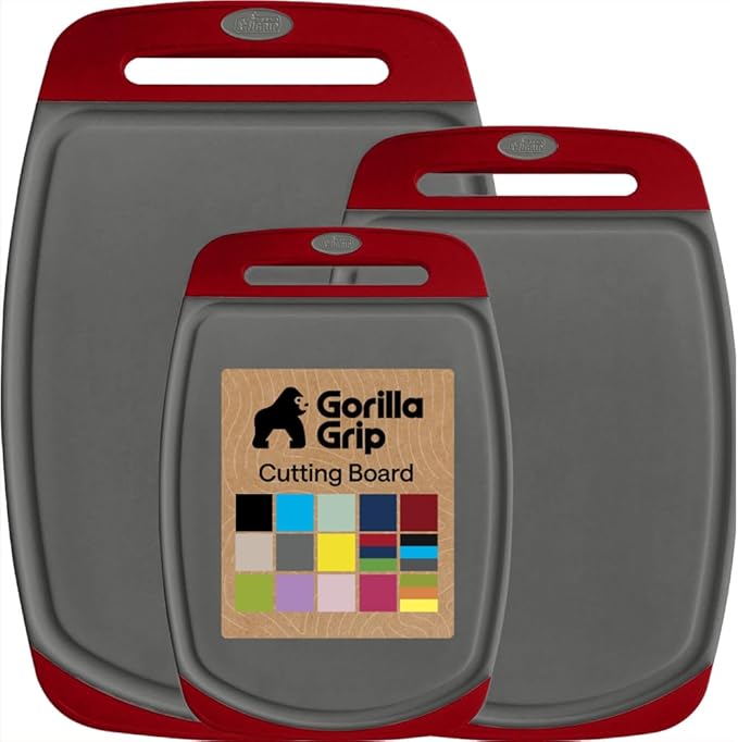 GORILLA GRIP BPA-Free Reversible Kitchen Cutting Board Set of 3, US Designed, Nonporous, Juice Grooves Catch Liquid, Slip Resistant Border, Dishwasher Safe, Durable Large Food Chopping Boards,Gray Red by Unknown