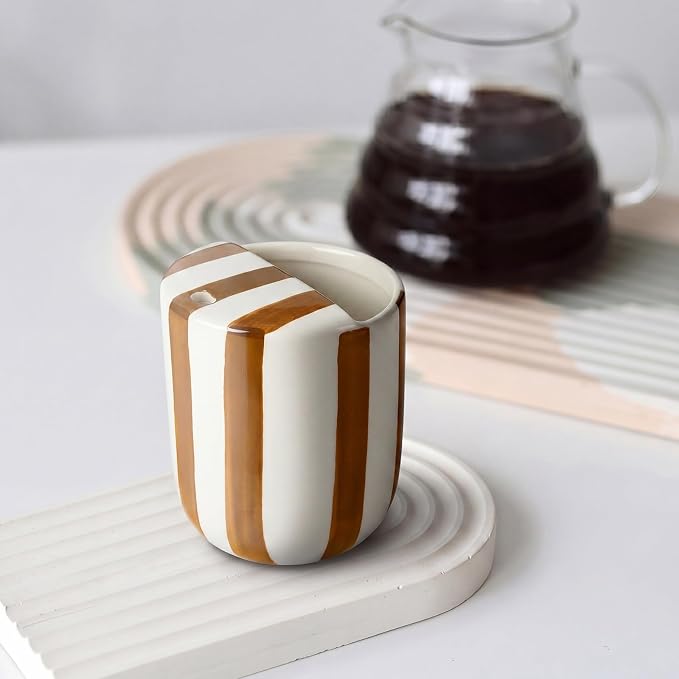 Ceramic Mug with Sip Hole 10 oz Brown Striped Ceramic Coffee Mug Hand Painted Travel Mugs Heat Resistant Non Slip Built in One Lid Handcraft Mugs for Coffee Lovers Appreciation Gift - Image 5