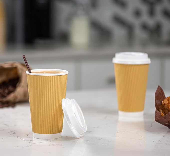GUSTO Comfy Package [16 oz. - 50 Sets] Insulated Kraft Ripple Paper Hot Cups, Disposable Coffee Cups With Lids - Ideal for Hot Beverages, Travel, and Office Use - (Formerly