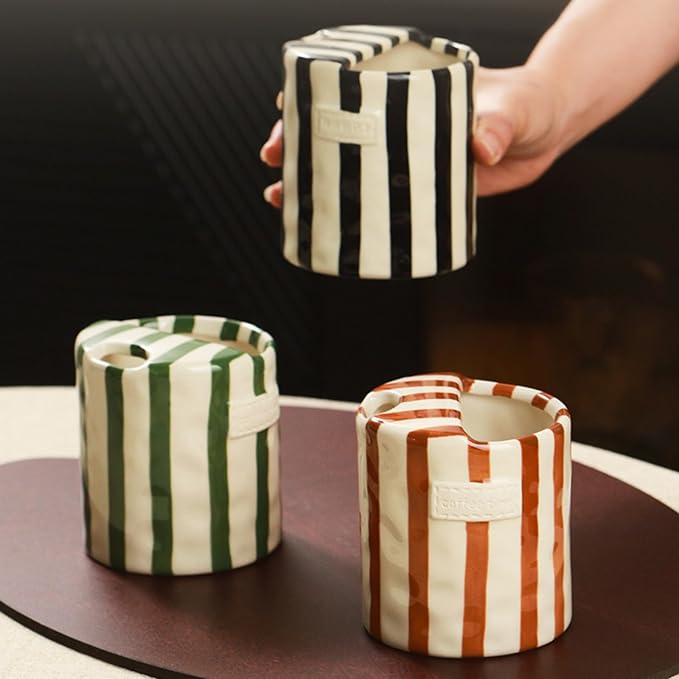 Coffee Mug Espresso Cup 10oz Ceramic Coffee Mugs Porcelain Coffee Cup Hand-Painted Striped Art Multiple Use for Kitchen, Dining-Green - Image 6