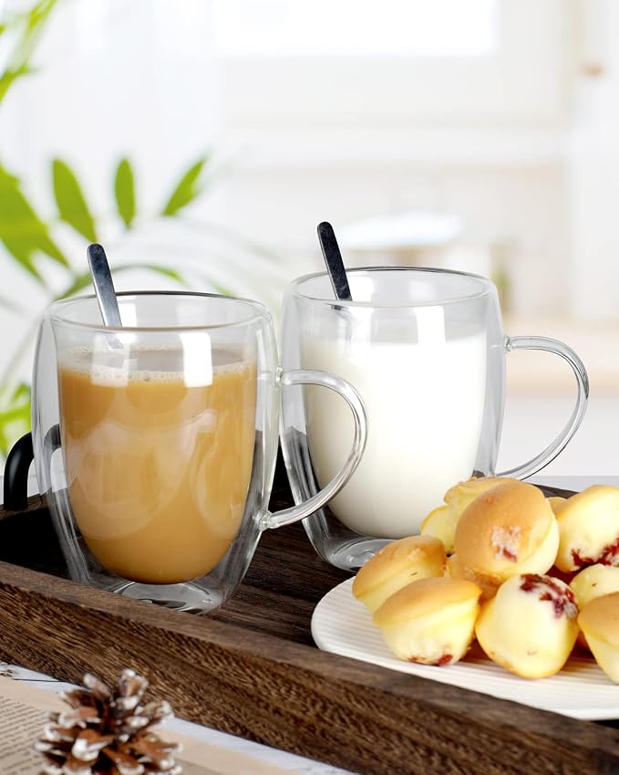 LIBWYS 12oz Double Walled Coffee Cups Glasses Mugs, Borosilicate Glass 2Pcs | Espresso Cappuccino Latte Tea Cups with Handle, Insulated Heat Resistant Clear Espresso Cups, Hot and Cold Beverages, 350ml - Image 3