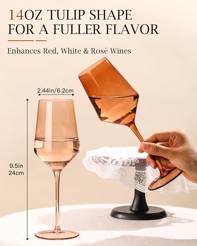 comfit Venus Wine Glasses Set of 6-14oz [Hand-Blown] Maillard-Inspired Amber & Espresso Stemware, Brown Crystal Wine Glasses, Birthday Wedding Housewarming Valentine's Day Gifts - Image 3