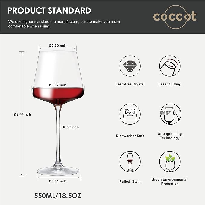 coccot Wine Glasses Set of 6,Crystal White Wine Glasses,Red Wine Glass Set, Wine Glasses Long stem,Clear Lead-Free Premium Blown Glassware (18.5oz,6 pack) - Image 4
