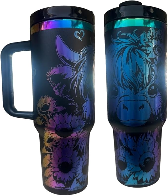 Western Engraved 40oz Tumbler, Tumbler with handle, Cowgirl Tumbler, Country Mug with Handle (Black/Rainbow-Cute cow)
