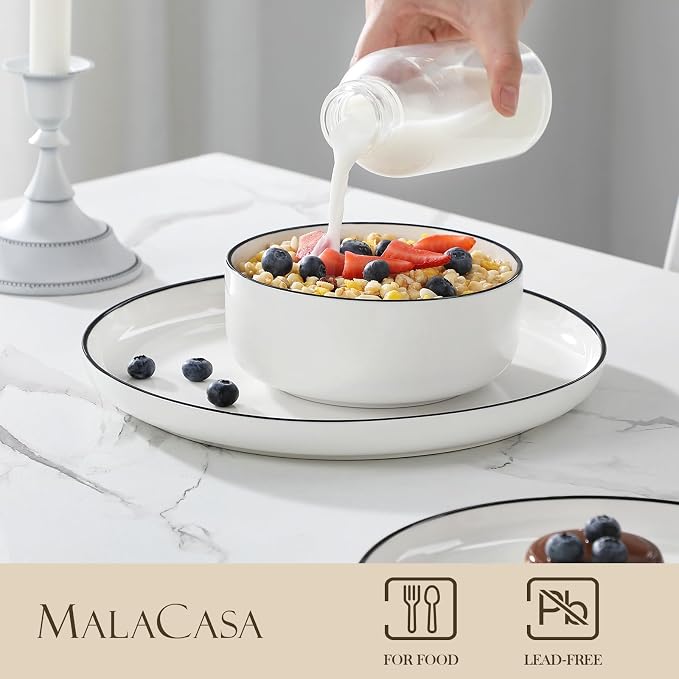 MALACASA Plates and Bowls Sets, 12 Pieces Modern Porcelain Dinnerware Set for 4 White Kitchen Dinner Dining Ware Set wtih Black Rim Ceramic Dishware Dishes Microwave and Dishwasher Safe, Series LUNA - Image 3