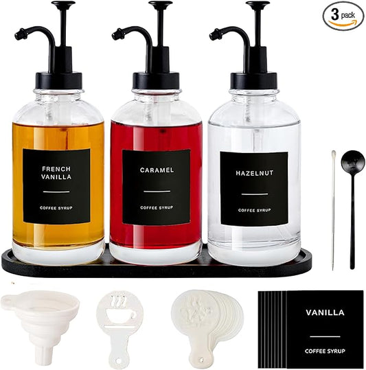 Coffee Syrup Dispenser for Coffee Bar, Glass Syrup Dispenser with Pump, Coffee Syrup Pump Dispenser Bottle with Tray, Spoon for Coffee Station, Coffee Bar Organizer, Black,16.9 oz, 500 ml