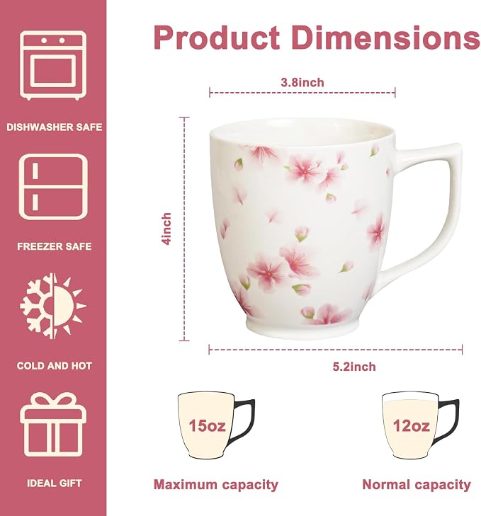 Ceramic Coffee Mug - Cherry Blossom Cup, 15 oz Froal Mug for Coffee Milk Latte, Christmas Mothers Valentine Day Gifts for Women - Image 2