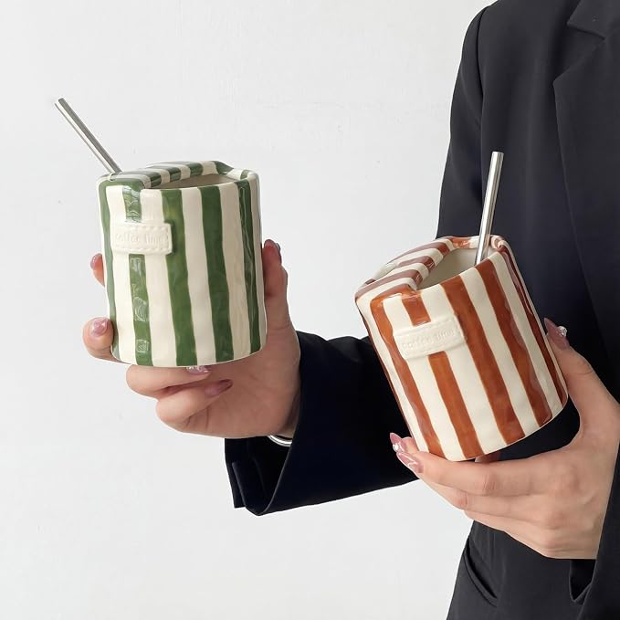 2 Pack Ceramic Coffee Mug with Sip Hole Espresso Cup 10oz with Straws Retro Hand Painted Striped Ceramic Iced Coffee Tea Travel Mug Latte Cup for Kitchen Dining (Simple,Green,Brown) - Image 6