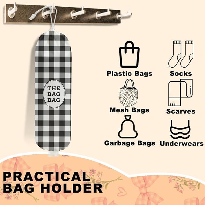 Black White Buffalo Check Plaid Plastic Bag Holder for Kitchen Essentials | Wall Mount Grocery Bag Holder for Plastic Bags, Minimalist Reusable Grocery Bags Storage Dispenser for Home Kitchen - Image 3