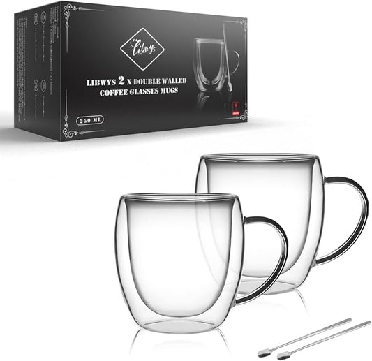 LIBWYS 2 Pack Double Walled Coffee Cups Glasses Mug, 8.5oz Borosilicate | Espresso Cappuccino Latte Tea Cups with Handle, Insulated Heat Resistant Clear Drinking Cups, Hot and Cold Beverages, 250ml by LIBWYS