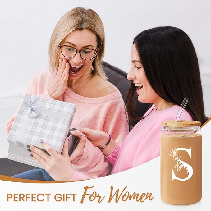 SANDJEST Monogrammed Gifts for Women - Monogram S Initial Glass Cup 16 Oz Can Coffee Cups with Lid and Straw - Monogram Initials Gifts for Womens on Birthday