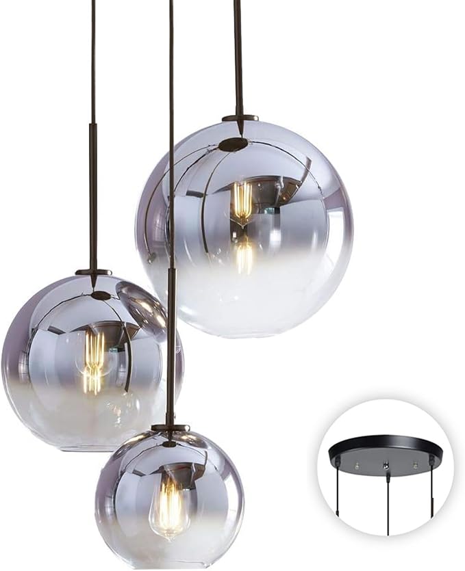 KCO Lighting Modern 3-Light Hanging Light Fixture Silver Gradient Glass Globe Pendant Ceiling Lighting with Adjustable Cord Mid Century Hanging Chandelier Light Fixture for Kitchen Island Bedroom… by KCOLighting