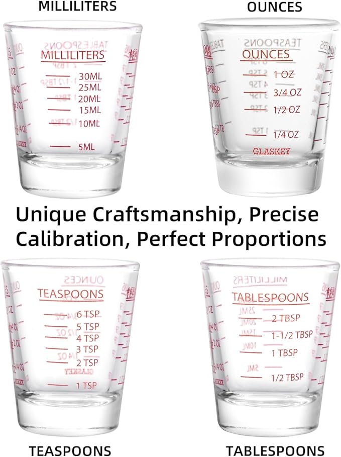 GLASKEY Shot Glasses Measuring Cup Set - 2 Pack Espresso Shot Glasses with Precise Measurement Marks,Heavy Duty Glass,Dishwasher Safe,Perfect for Coffee,Cocktails and Kitchen Use (Black & Red)