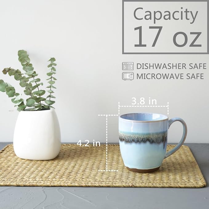 Bosmarlin Ceramic Coffee Mug Set of 4, 17 Oz, Stoneware Coffee Cups with Big Handle, Microwave Safe, Unique Reactive Glaze (17 Oz, Light Blue) - Image 2