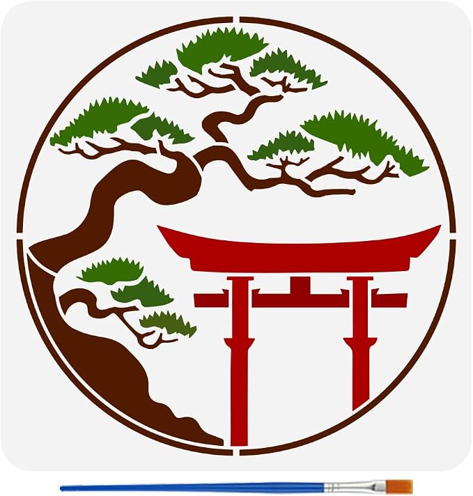 FINGERINSPIRE Japanese Torii Gate Painting Stencil with Brush 11.8x11.8inch Plastic PET Argyro Pine Trees Drawing Template Decorative Hollowed Oriental Theme Stencil for Painting on Wood Canvas by FINGERINSPIRE