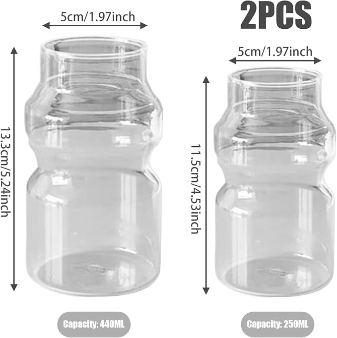 Drinking Glasses 2 Pcs Iced Coffee Glasses 440ML ＆ ML Ripple Shaped Glass Cups, Vintage Tumblers Ribbed Glassware for Water, Soda, Juice, Milk - Image 3