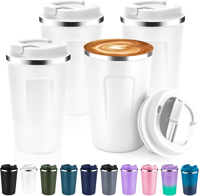 Volhoply 12 oz Double Wall Insulated Vacuum Travel Coffee Mug with Flip Lid Bulk 4 Pack,Reusable Stainless Steel Leak Proof Coffee Cups,Portable Cafe Thermal Tumbler for Hot & Cold Drinks(White,4 Set) by LiveFully%EF%BC%8CDrinkFreely%E2%80%94KeepGoingwithVolhoply%EF%BC%81