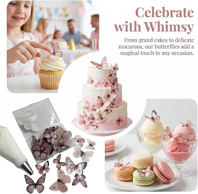 80-Piece Edible Wafer Paper Pink Butterfly Cake Decorations – Rice Paper Butterfly Toppers, Icing Decor for Birthday Cakes, Cupcakes, Cookies, and Desserts – Pastel Pink Theme - Image 3