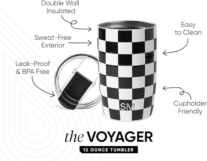 Simple Modern Travel Coffee Mug with Lid | 12oz | Checkered | Voyager Coffee Cup, Coffee Tumbler for Hot & Iced Drinks | Insulated Stainless Steel Travel Mug | Black and White Checkmate - Image 2