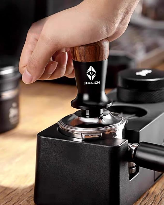 51mm Espresso Tamper with Wooden Handle – Spring-Loaded Coffee Distributor for Even Coffee Grounds – Barista Hand Tool, Stainless Steel Coffee Leveling Tool, Classic Coffee Accessories (51mm)
