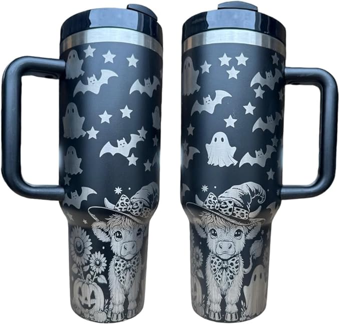 Tumbler, 40oz Tumbler, Western Tumbler, Engraved Cup with Handle, Cute Coffee Mug, 40oz Coffee Mug (Black-Halloween cow)