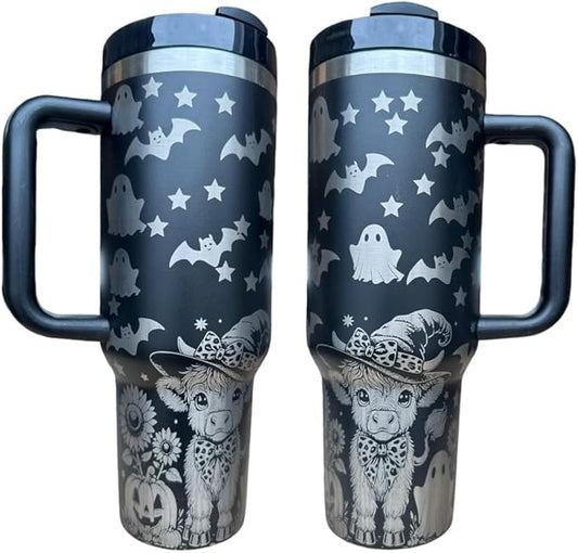 Tumbler, 40oz Tumbler, Western Tumbler, Engraved Cup with Handle, Cute Coffee Mug, 40oz Coffee Mug (Black-Halloween cow)