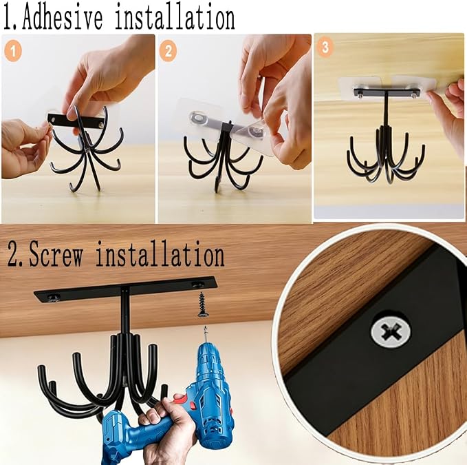 Metal Under Cabinet Kitchen Utensil Hooks,360° Rotating Kitchen Utensil Rack with 8 Hooks,Drilling Free Adhesive Utensils Hanging Rack for Tools/Towel/Knife (Black) - Image 6