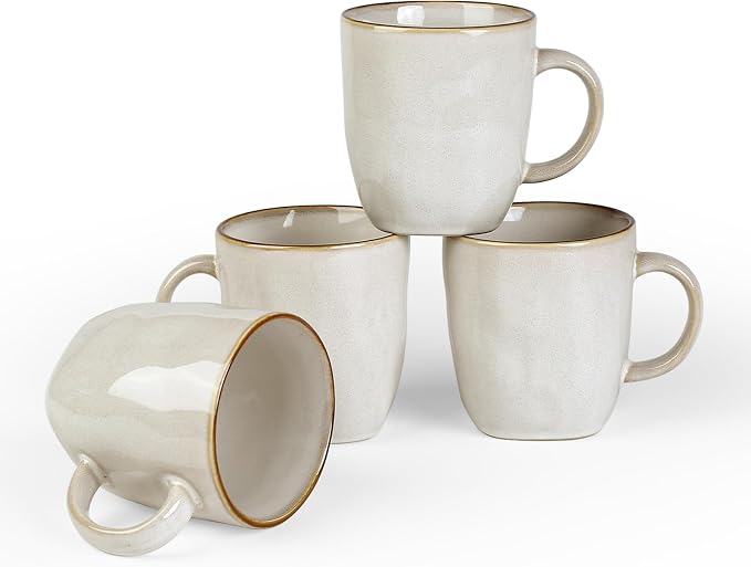 famiware Coffee Mugs Set of 4, Ocean Square 13oz Coffee Cup Set with Handle for Cocoa, Milk, Hot Chocolate, Stoneware Cups for Kitchen, Reactive Glaze, Microwave and Dishwasher Safe, Cappuccino White by Famiware