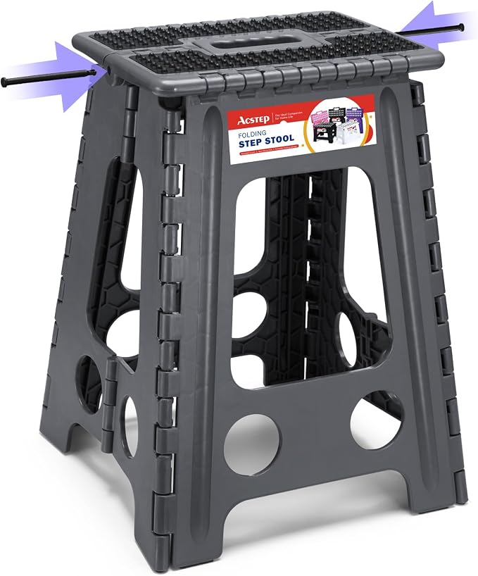 ACSTEP 17.5 Inch Heavy Duty Folding Step Stool, 400 lbs, Dot Grey | Collapsible Stepping Stool for Adults with Handle and Non-Slip Surface, for Kitchen, Garage, Bedroom and Outdoor Tasks by ACSTEP